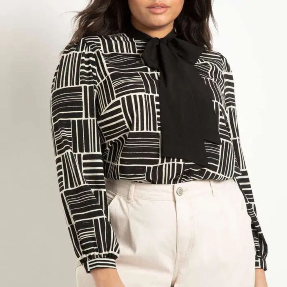Eloquii Tie Neck Crepe Longsleeve Blouse - Black and White Basketweave